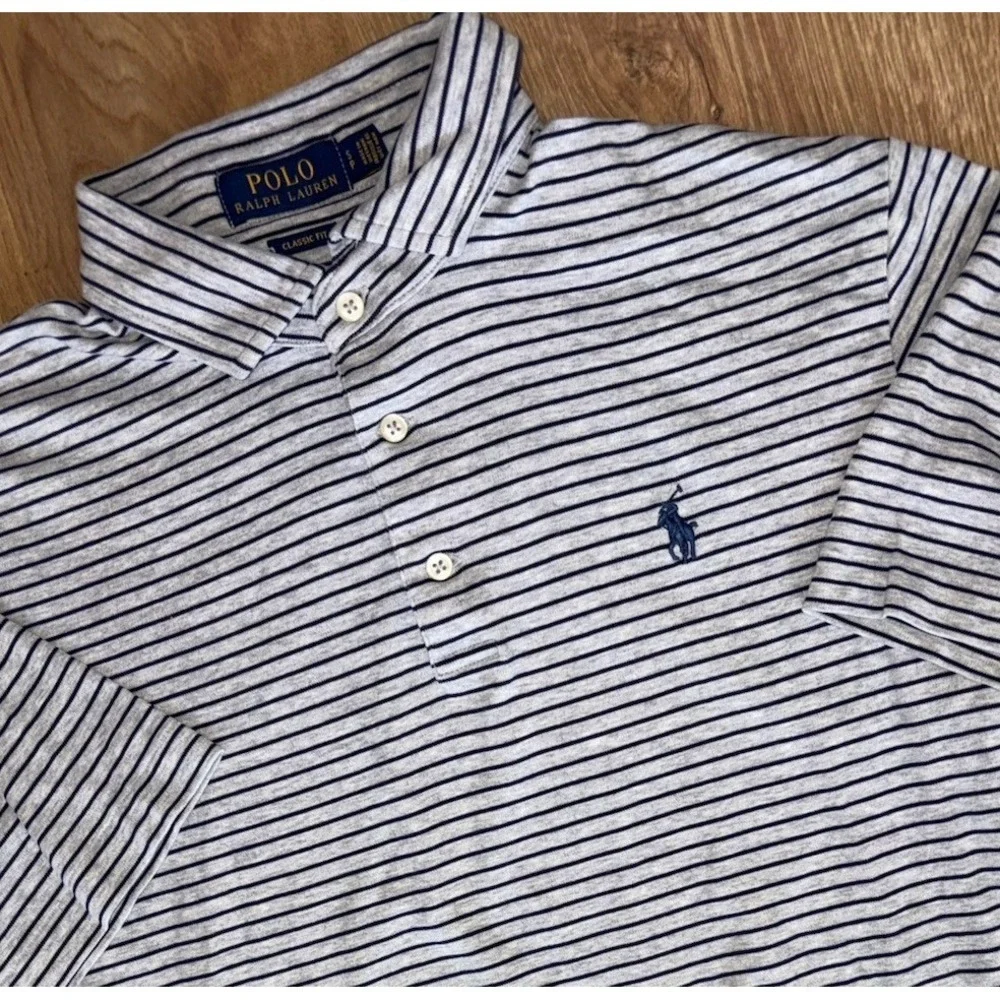 Polo Ralph Lauren Polo Shirt Gray Navy Striped Small Pony Classic Fit